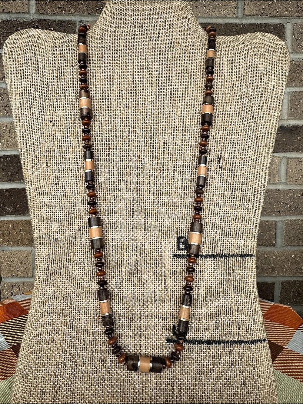 Natural Wood Cylinder & Metallic Spacer Long Bead Necklace